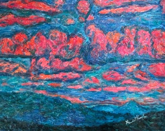 Pink Clouds on The Blue Ridge Art 14 x 11 Original Impressionist Oil painting by Award Winning Artist Kendall F. Kessler