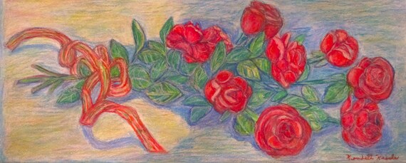 Rose Bouquet Art Original 21 X 9 Floral Oil Pastel Etsy