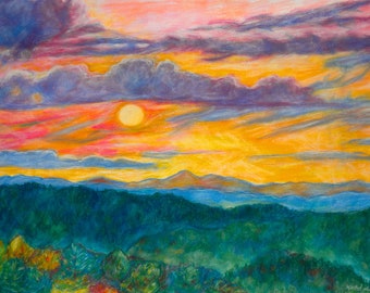 Golden Blue Ridge Sunset Original Impressionist pastel painting by Award Winning Artist Kendall F. Kessler