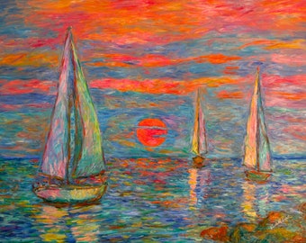 Sailboat Sunrise 40x30 Impressionist Seascape Oil Painting by Award Winning Artist Kendall Kessler