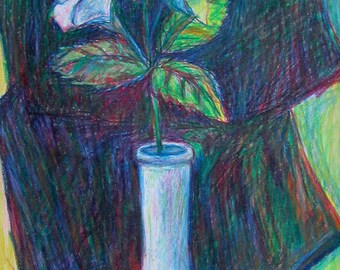 My Mother's Vase Art 14x7 Impressionist Colored Pencil Still Life by Award Winner Kendall Kessler