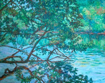 Bisset Park 40x30 Impressionist Landscape River Oil  Painting by Award Winner Kendall Kessler