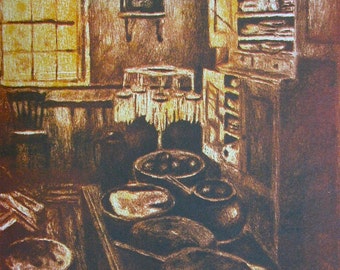 Old Fashioned Kitchen 10x8 hand-colored original  lithographs by Award Winner Kendall Kessler