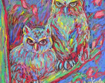 Owls Electric Art 8x9 Expressionistic Wildlife pastel painting by Award Winner Kendall  Kessler