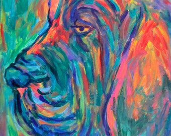 Bloodhound Art 10 x 8 Original Expressionist Dog Acrylic Painting in Molded Wood Frame by Award Winning Artist Kendall Kessler