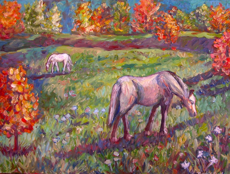 Blue Ridge Pasture Art 16x12 Impressionist horses original painting by Award Winning Artist KENDALL KESSLER image 1