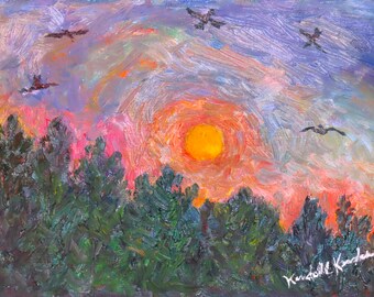 Morning Flight  Original 7" x 5" oil painting by Award Winning Artist Kendall F. Kessler #sunrisepaintings #colorfulpaintings