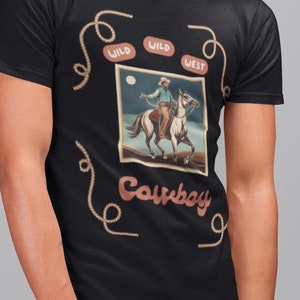 Cowboy Riding Horse Western Unisex Tee Shirt, Rodeo Ranch Wild West Cowgirl, Southwest Desert Cactus Country Festival T-shirt, Rodeo Cowboy