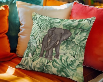 Tropical Elephant Throw Pillow – Jungle Leaves, Safari Accent Cushion