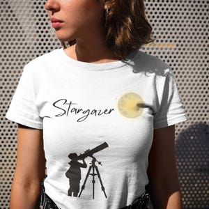 Stargazer Tee Shirt, Astronomy Lover Gift, Moon and Stars Top, Unisex Short Sleeve T-Shirt, Space Enthusiast Apparel, Telescope Shirt