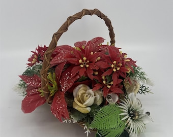 Vintage Christmas Poinsettia/White Rose Flower Centerpiece In Woven Brown Basket