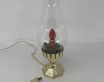 Vtg MCM 13" Electric Hurricane Candle Lamp Glass Lantern Gold Plastic Base Holly