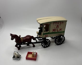 Vtg Cast Iron Fresh A Milk Horse Drawn Wagon Cart Toy w/ Milk Bottles