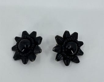 Vintage Costume Jewelry Japan Black Star Onyx Clip-On Earrings Dome Black Glass