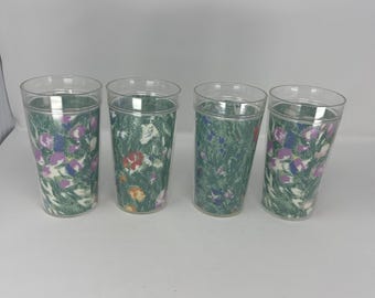 4 Vintage Novelty Crystal Corp Floral Plastic Tumblers Cups Retro 1970s Style