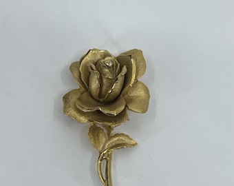 Vintage Gold Tone Large Long Stem Rose With Rhinestone Rosebud Center Brooch