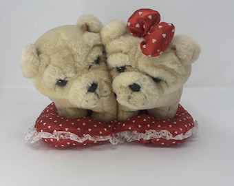 Vtg Valentines Day Throw Pillow Puppies Dogs Heart Doily Lace Felt Plush