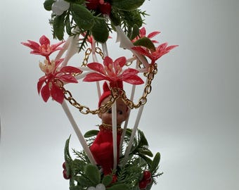 Vintage Elf Pixie Birdcage Ornament Christmas Figural Felt Faux Floral Kitsch