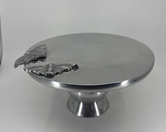 Vintage Metal Platter /w Metal Bat Accents Halloween Home Decor Stand Platter