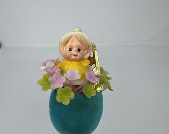 Vtg Easter Flocked Teal Egg Flower Pick Child Elf Figurine Playing Violin