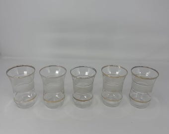 Vintage MCM Frosted Gold Trim Juice Glasses Set of 5 Flared Gilded Tumblers