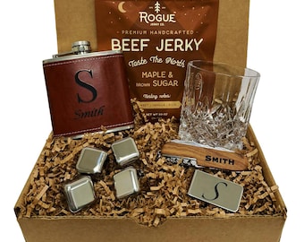 Personalized Whiskey Gift Box for Men, Custom Flask, Rocks Glass, Jerky