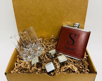 Personalized Whiskey Lover Gift Set for Dad, Leather Hip Flask, Crystal Glass, Whiskey Stones