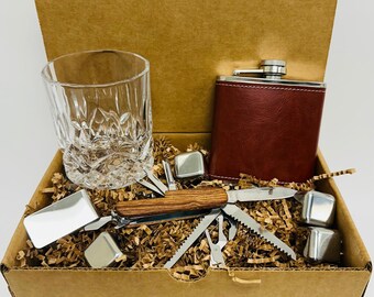 Whiskey Gift Set for Him, Flask, Rocks Glass, Multi-tool, Ice Cubes
