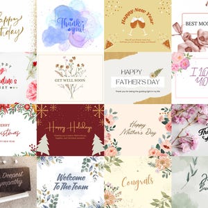 May include: A collection of 16 greeting cards with various designs and messages. The cards feature floral arrangements, watercolor backgrounds, and festive themes. Some of the messages include "Happy Birthday", "Thank You", "Happy New Year", "Best Mom Ever", "Happy Valentine's Day", "Get Well Soon", "Happy Father's Day", "I Love You", "Merry Christmas", "Happy Holidays", "Happy Mother's Day", "Thinking of You", "With Deepest Sympathy", "Welcome to the Team", "Congrats", and "Just Because".