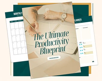 May include: A workbook titled "The Ultimate Productivity Blueprint" with a close-up of a hand writing in a notebook. The workbook is on a light brown surface.