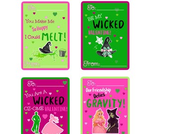 May include: Four printable Valentine's Day cards featuring characters from the Wizard of Oz. The cards are pink and green with hearts and text that reads "You Make Me So Happy I Could Melt!" "Be My Wicked Valentine!" "You Are A Wicked Oz-ome Valentine!" and "Our Friendship Defies Gravity!"