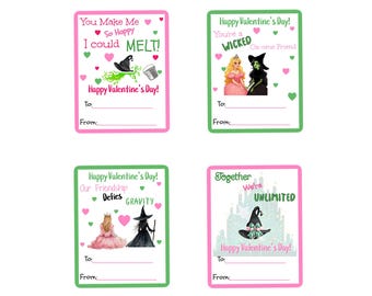 May include: Four printable Valentine's Day cards featuring illustrations of the Wicked Witch of the West and Glinda the Good Witch from the Wizard of Oz. The cards have pink and green borders and include text such as "You Make Me So Happy I Could Melt!" and "Together We're Unlimited".