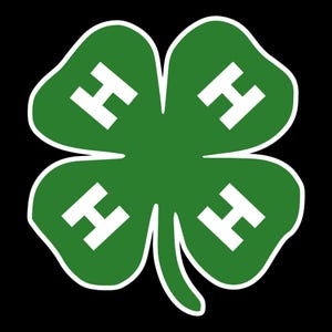 May include: A green four-leaf clover with white outlines and four white "H" letters, one in each leaf. The background is solid black. The clover is a symbol of the 4-H youth development program.