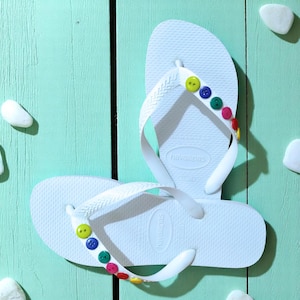 Colorful Buttons Original Havaianas Flip Flops - White Handmade Decorated Summer Sandals, Vacation Beach Shoes, Pool Party, Gift for Her
