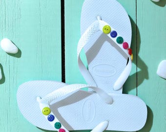 Handmade Havaianas Flip Flops: White Sandals with Colorful Buttons Size 6