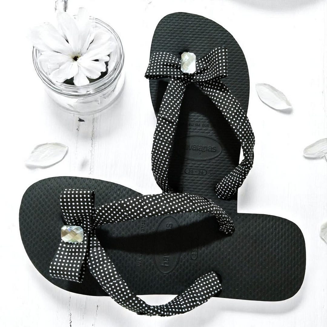 Black Havaianas Flip Flops: Handmade Polka Dot Bow Sandals - Etsy