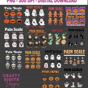 Rolig smärtskala PNG-paket, sjuksköterskeclipart, Halloween medicinsk humordiagram, patientbedömningsskala, pumpasmärtskala sublimeringsskjortadesign