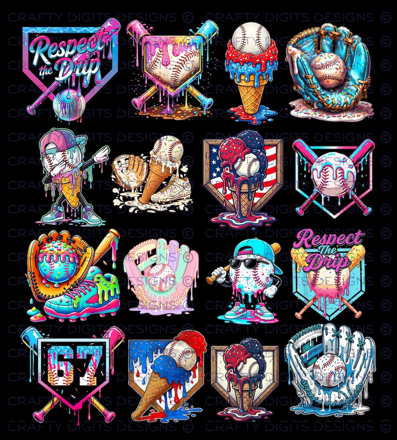 May include: A collection of digital illustrations featuring baseball themes with melting effects, including baseballs, gloves, bats, ice cream cones, and sneakers in vibrant neon colors. Some designs include the text Respect the Drip and the number 67.