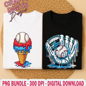 May include: A white t-shirt featuring a graphic of a baseball inside a melting red, white, and blue ice cream cone, and a black t-shirt with a graphic of a baseball inside a melting blue and white baseball glove. Text reads Crafty Digits Designs.