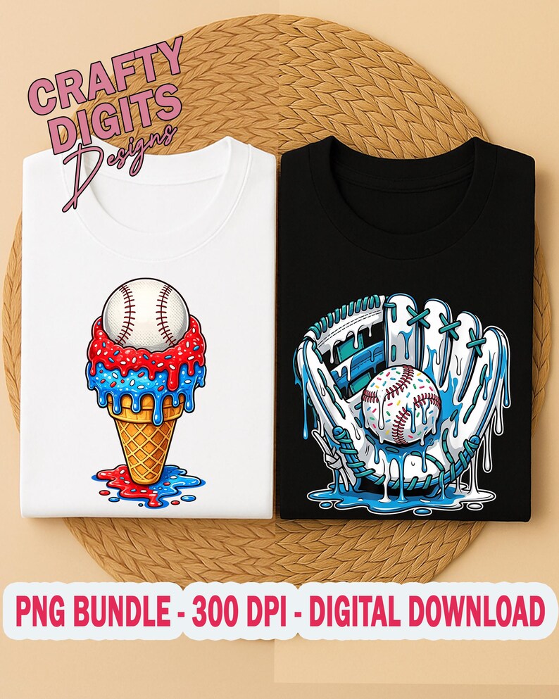 May include: A white t-shirt featuring a graphic of a baseball inside a melting red, white, and blue ice cream cone, and a black t-shirt with a graphic of a baseball inside a melting blue and white baseball glove. Text reads Crafty Digits Designs.