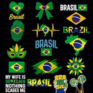 May include: A collection of Brazil-themed graphic designs featuring the national flag, a heart, a bow, a fingerprint, a heartbeat line, a carnival mask, a sunflower, and maracas. Text includes 'BRASIL', 'BRAZIL', and 'MY WIFE IS BRAZILIAN NOTHING SCARES ME'.