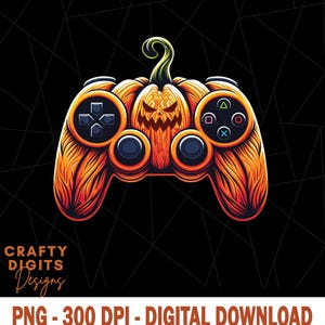 Op de afbeelding: Een digitale illustratie van een videogamecontroller ontworpen als een pompoen. De controller is oranje met zwarte knoppen en een groene stengel. De achtergrond is zwart met een geometrisch patroon. De tekst "Crafty Digits Designs" en "PNG - 300 DPI - DIGITAL DOWNLOAD" zijn ook aanwezig.