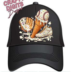 May include: A black baseball cap featuring a graphic of a baseball inside an ice cream cone, a baseball glove, and a cleat, all covered in white icing and colorful sprinkles. The text Crafty Digits Designs appears in the upper left corner.