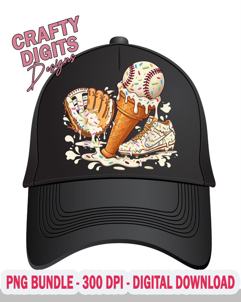 May include: A black baseball cap featuring a graphic of a baseball inside an ice cream cone, a baseball glove, and a cleat, all covered in white icing and colorful sprinkles. The text Crafty Digits Designs appears in the upper left corner.