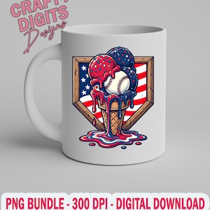 May include: A white ceramic mug featuring a graphic of a baseball inside an ice cream cone, topped with red and blue scoops with star-shaped sprinkles. The design is set against a home plate shape with a red, white, and blue striped background.