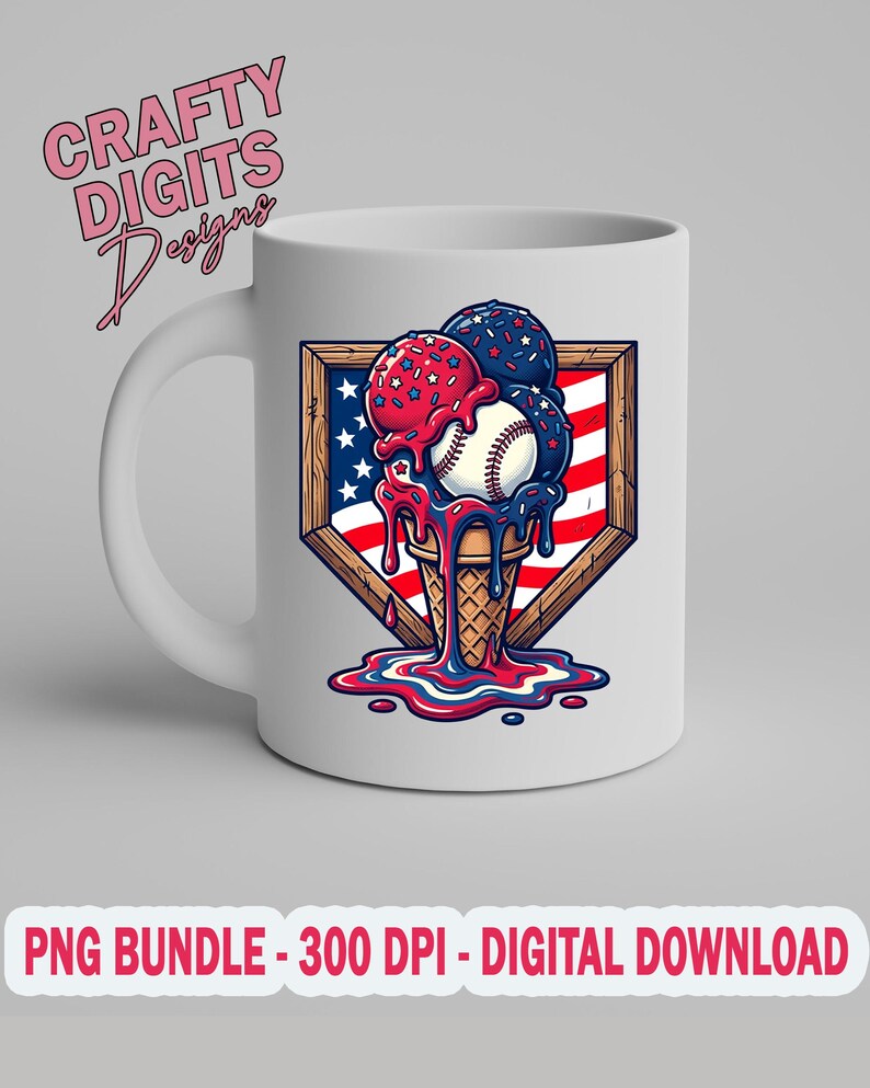 May include: A white ceramic mug featuring a graphic of a baseball inside an ice cream cone, topped with red and blue scoops with star-shaped sprinkles. The design is set against a home plate shape with a red, white, and blue striped background.