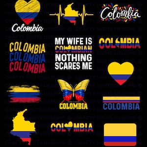 Puede incluir: Una colección de doce diseños gráficos con los colores de la bandera colombiana amarillo, azul y rojo. Los elementos incluyen un corazón, un mapa con una línea de latido, la palabra Colombia, una mariposa y el texto My Wife Is Colombian Nothing Scares Me.