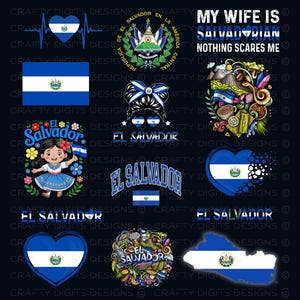 May include: A digital collection of El Salvador themed graphics featuring the national flag, a heart-shaped heartbeat line, the coat of arms, a cartoon child in traditional clothing, a messy bun hairstyle, and the text My Wife Is Salvadorian.