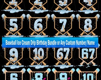 Baseball Ice Cream Drip Birthday PNG Bundle, Custom Baseball Number, Birthday Boy Baseball, 7th Birthday, 6 7 Meme, Baseball game day PNG
