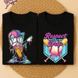 May include: Two black t-shirts featuring colorful graphic prints. The left shirt shows a baseball in an ice cream cone wearing a cap and dabbing. The right shirt displays a baseball with melting pink icing and two bats with the text Respect The Drip.